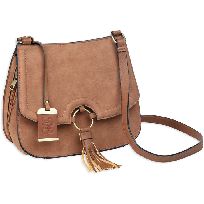 BULLDOG CROSS BODY PURSE CAMEL SUEDE