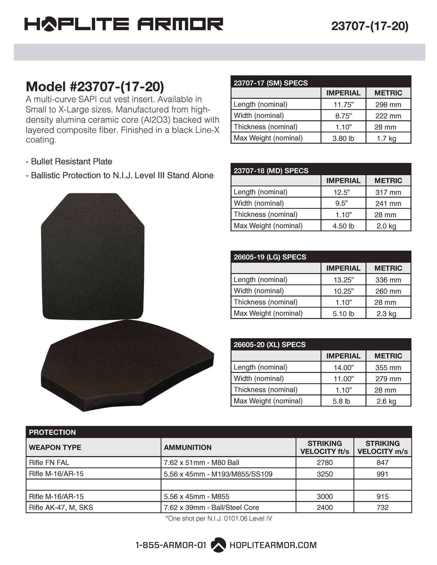 Body Armor SAPI/Swimmer Plate (Single)- Level III++ (23707)