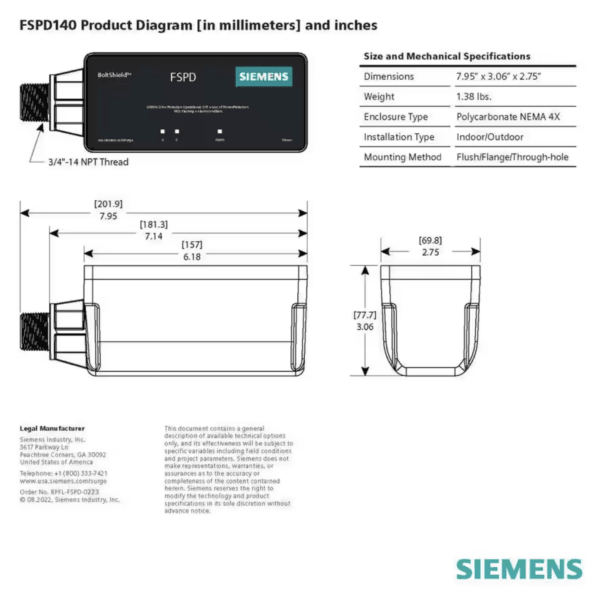 Siemens BoltShield FSPD140 Level 2 W/ Mounting Bracket