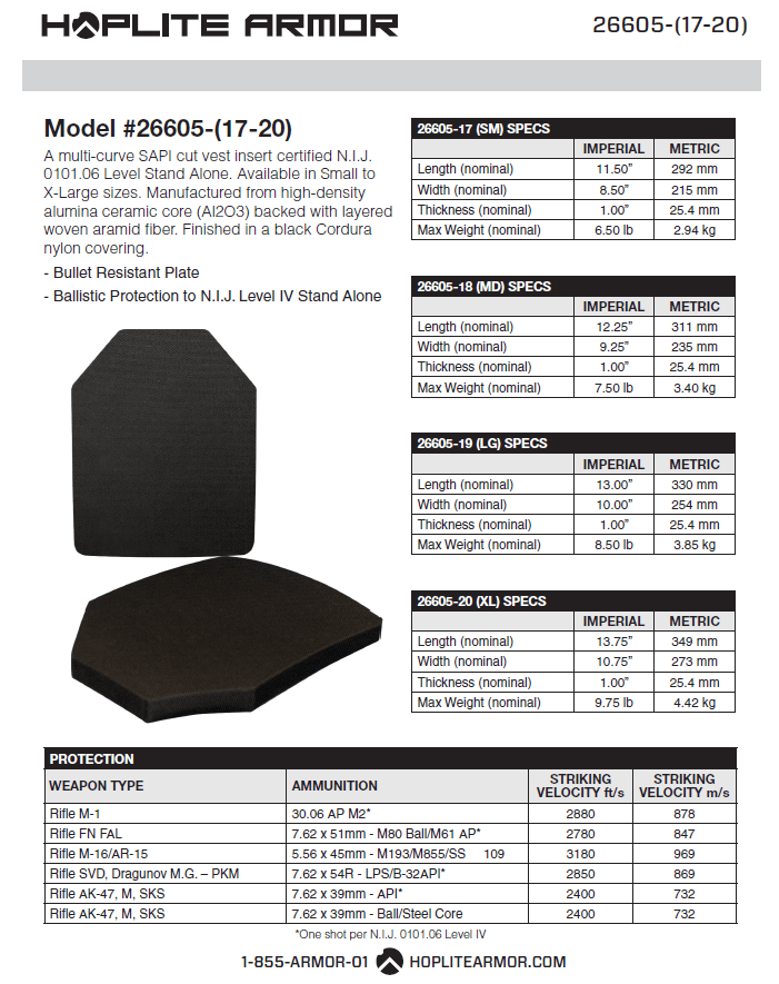 Two SAPI Plates: NIJ Certified Level IV, Triple Curve, Stand Alone (26605) - Hoplite Armor Store